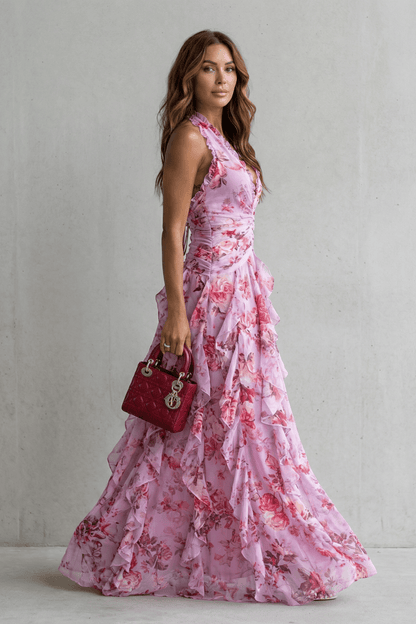Robe Longue Femme à Col Halter | Drapé Froncé