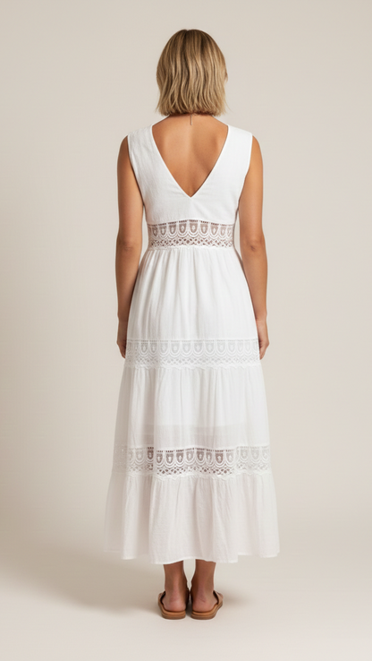 Robe Longue en Dentelle Blanche | Col V & Dos Ouvert