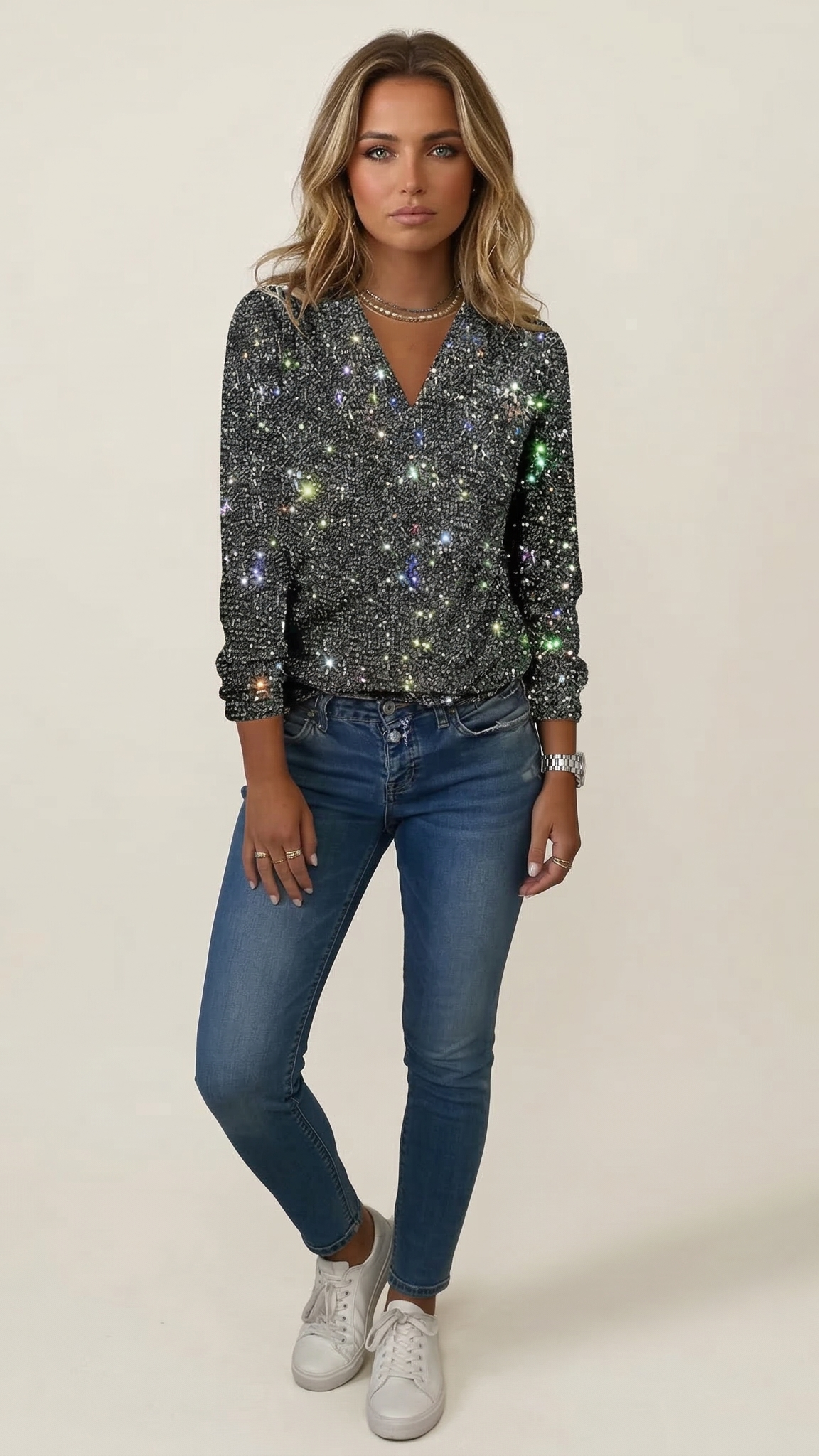 Pull pailleté femme col V