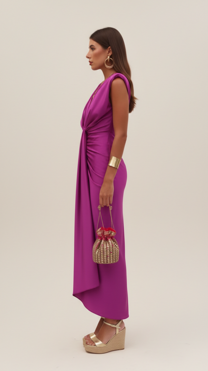 Robe maxi satin femme col V plongeant