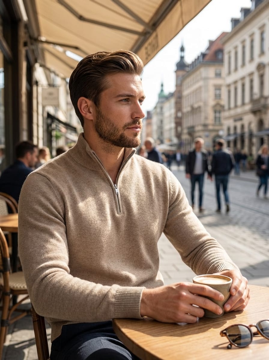 Pull Homme en Maille Côtelée | Col Montant Demi-Zip