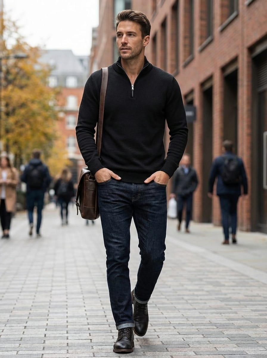 Pull Homme en Maille Côtelée | Col Montant Demi-Zip