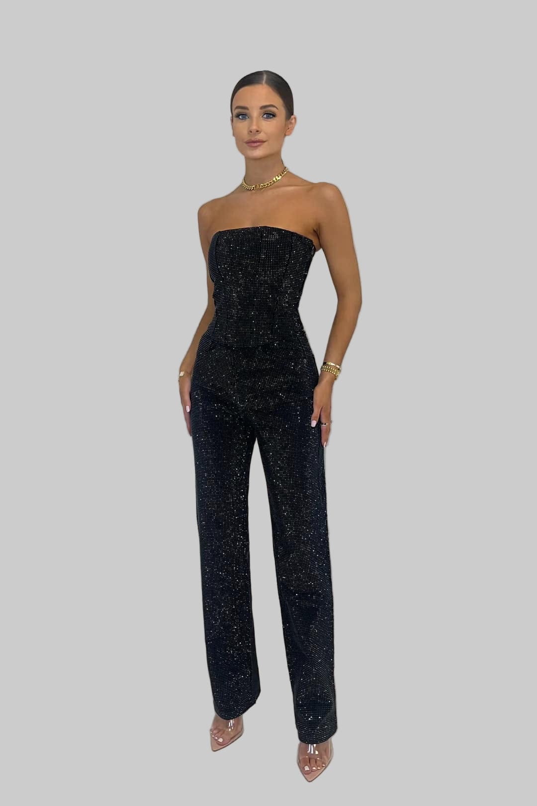 Ensemble Deux Pièces Femme Pailleté | Top Bustier & Pantalon Taille Haute