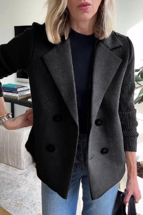 Blazer Femme Croisé à Manches en Maille | Col à Revers Cranté