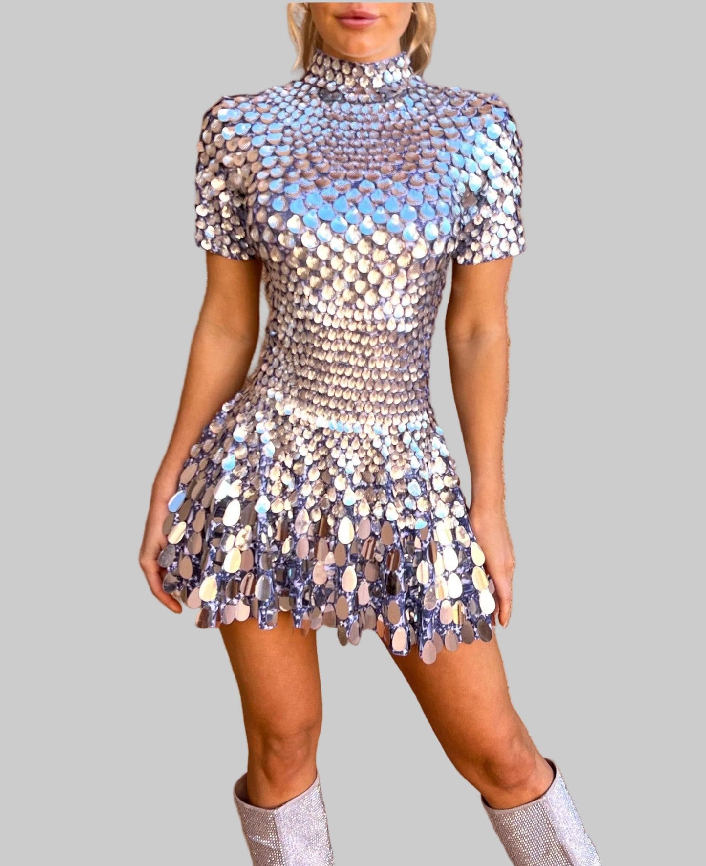 Robe de Soirée Femme à Sequins Col Montant | Jupe Évasée
