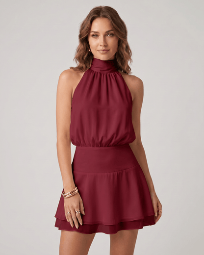 Robe Mini Femme à Col Halter | Jupe à Volants Étagés