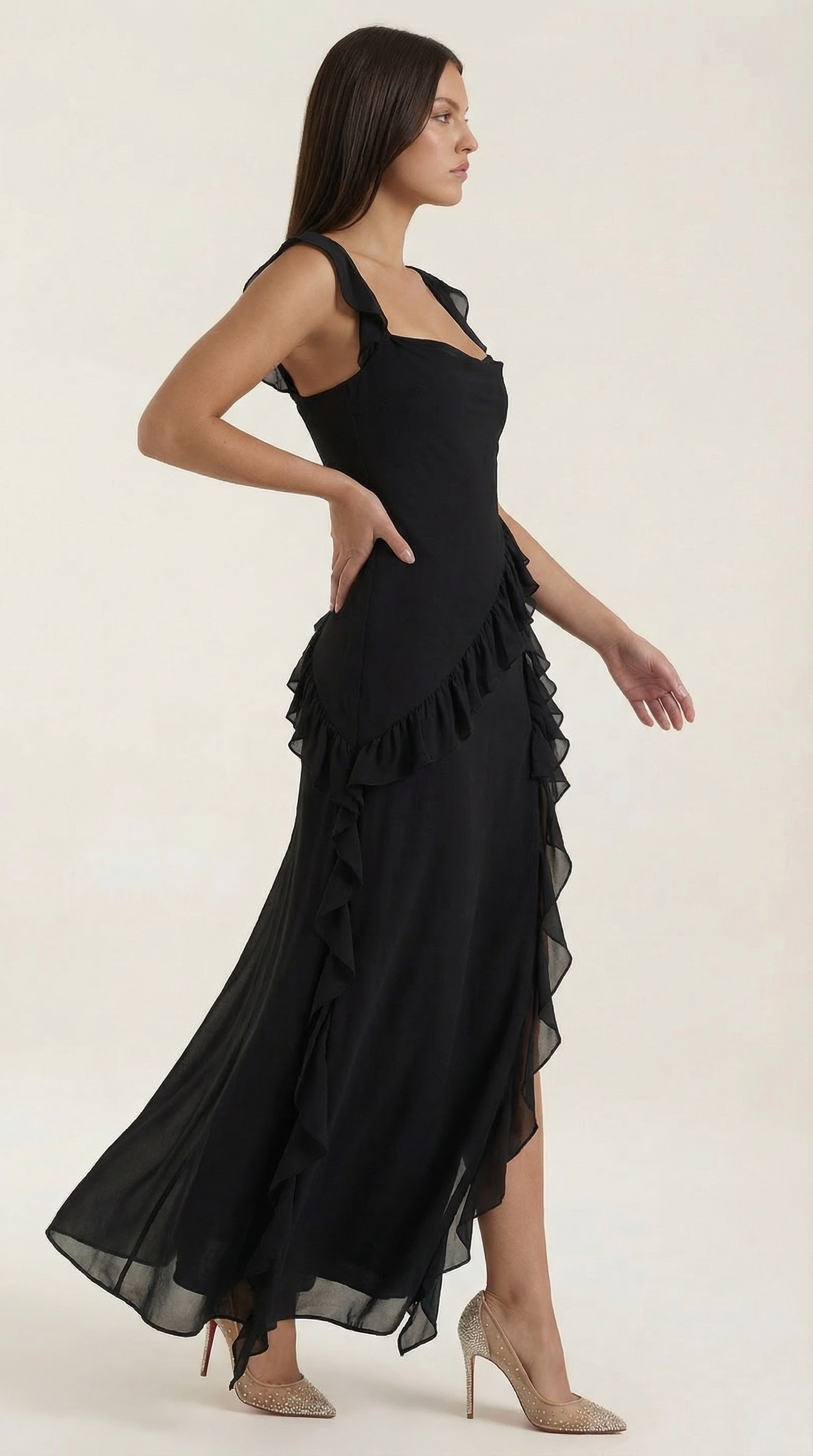 Robe maxi femme à volants col V
